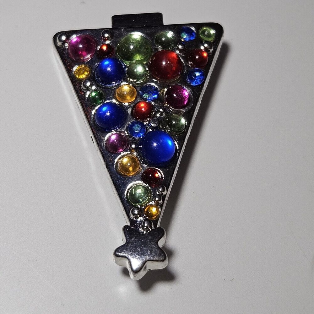VTG Multi Color Glass Rhinestone Ornaments Christmas Tree Silver Tone Brooch - Picture 8 of 9